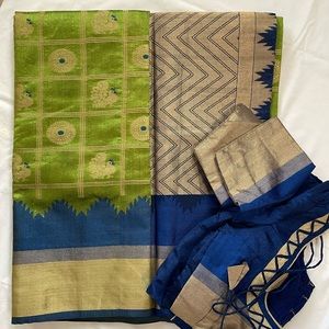 Blue green cotton silk saree
